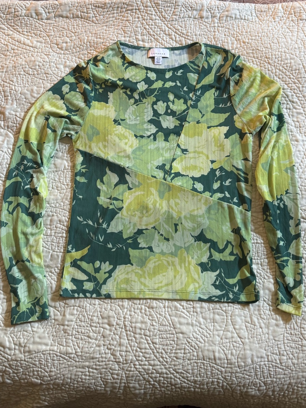Topshop Green and Yellow Floral Long-Sleeve Top